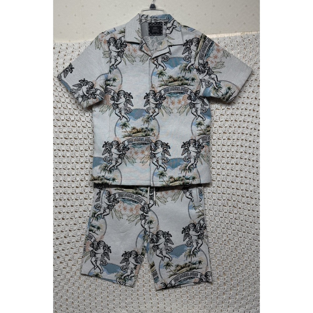 Rebel Vengeance Men's AOP Woven Art Tapestry Shirt & Shorts Sz S Beige NWT